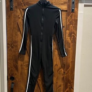 Black Zippered Body Suit With White Stripes